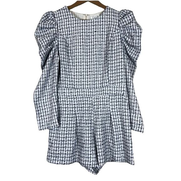 TCEC Romper Womens L Black White Plaid Puff Sleeve Tweed Pleated Old Money - Picture 1 of 5